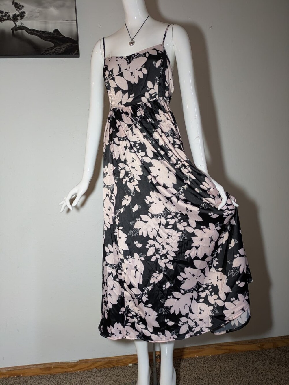 ee:some Black & Blush Pink Floral Cami Maxi Dress – Size L